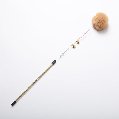Fluffy Cat Teaser Stick with Bell and Ball - 47CM - Brown